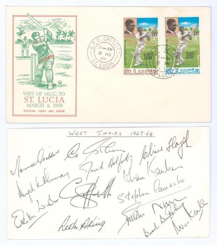 M.C.C. tour of the West Indies 1967/68. First day cover for the tour &lsquo;Visit of M.C.C. to St. Lucia March 8th 1968 with cricket stamps for St. Lucia. To inside of the cover is a plain white card signed to one side by the West Indies team and to the other b