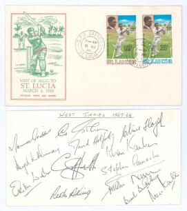 M.C.C. tour of the West Indies 1967/68. First day cover for the tour &lsquo;Visit of M.C.C. to St. Lucia March 8th 1968 with cricket stamps for St. Lucia. To inside of the cover is a plain white card signed to one side by the West Indies team and to the other b
