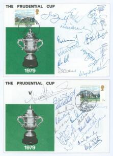 England and West Indies. Prudential &lsquo;World&rsquo; Cup Final 1979. Two official first day covers, one signed by the England and the other by the West Indies who played in the Final and postally date stamped for day of the final. Thirteen signatures to the Englan