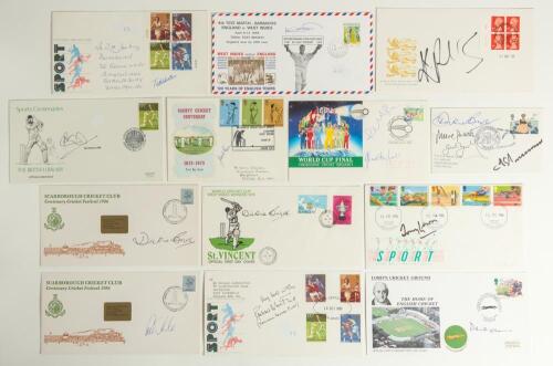 Signed first day covers. Selection of thirty five various signed commemorative first day covers, odd one with more than one signatures. Signatures include Dexter, Stewart, Pietersen, Botham, J. Bond, Bird, Heyhoe-Flint, Gower, Cork, Gooch, Boycott, D. Sh