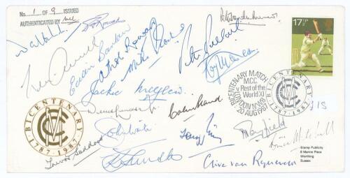 South Africa. M.C.C. Bicentenary 1787-1987 limited edition first day cover signed by nineteen South African Test cricketers. Signatures include E. Barlow, T. Goddard, M. Procter, C. Bland, J. McGlew, P. Pollock, N. Adcock, A. Rowan, H. Tayfield, R. McClea