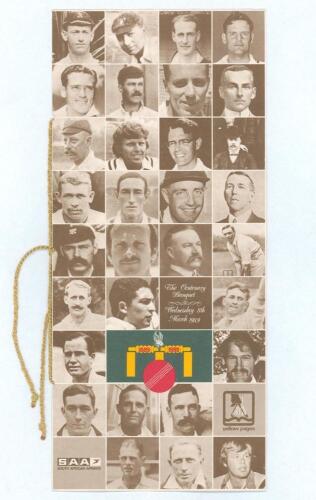 Norman Gifford. Worcestershire, Warwickshire & England 1960-83. &lsquo;The Centenary Banquet&rsquo;. Official menu for the South African Cricket Centenary 1889-1989 Banquet held on the 8th March 1989. The menu, with cord tie, signed to inside pages by cricketers titl