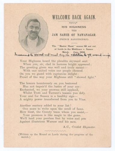 Kumar Shri Ranjitsinhji. Cambridge University, Sussex, London County & England, 1893-1920. Albert Craig. &lsquo;Cricket Rhymester&rsquo; 1896. Original single-sided printed card of a poem by Craig titled &lsquo;Welcome Back Again. His Highness the Jam Sahib of Nawanagar (P