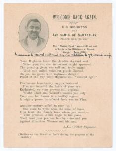 Kumar Shri Ranjitsinhji. Cambridge University, Sussex, London County & England, 1893-1920. Albert Craig. &lsquo;Cricket Rhymester&rsquo; 1896. Original single-sided printed card of a poem by Craig titled &lsquo;Welcome Back Again. His Highness the Jam Sahib of Nawanagar (P