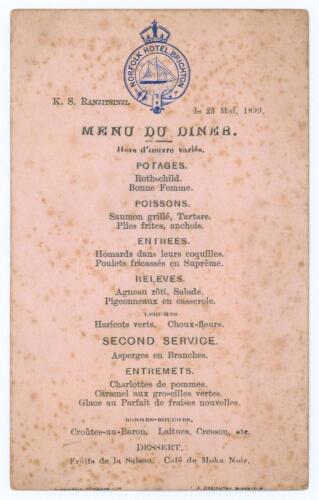 Kumar Shri Ranjitsinhji. Cambridge University, Sussex, London County & England 1893-1920. Official single sided menu card for the Dinner hosted by Ranjitsinhji at the Norfolk Hotel, Brighton on the 23rd May 1899. Hotel emblem to top with menu printed belo