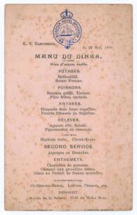 Kumar Shri Ranjitsinhji. Cambridge University, Sussex, London County & England 1893-1920. Official single sided menu card for the Dinner hosted by Ranjitsinhji at the Norfolk Hotel, Brighton on the 23rd May 1899. Hotel emblem to top with menu printed belo