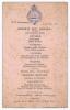 Kumar Shri Ranjitsinhji. Cambridge University, Sussex, London County & England 1893-1920. Official single sided menu card for the Dinner hosted by Ranjitsinhji at the Norfolk Hotel, Brighton on the 23rd May 1899. Hotel emblem to top with menu printed belo