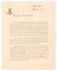 Kumar Shri Ranjitsinhji. Cambridge University, Sussex, London County & England, 1893-1920. Original two page printed letter on Jamnagar Palace official letterhead dated 20th August 1910 with handwritten salutation to &lsquo;My dear Thakorsahib&rsquo; and the signatur