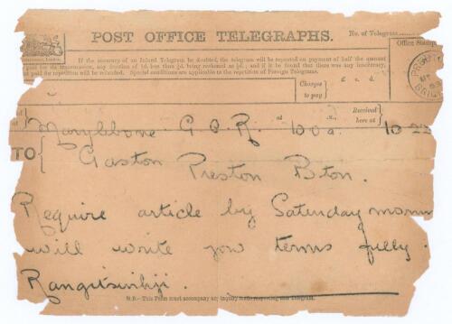 Kumar Shri Ranjitsinhji. Cambridge University, Sussex, London County & England 1893-1920. Original telegram from Ranjitsinghji to A.J. Gaston dated 7th May 1903. The message reads &lsquo;Require article by Saturday morning. Will write your terms fully. Ranjitsi