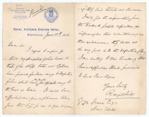Kumar Shri Ranjitsinhji. Cambridge University, Sussex, London County & England, 1893-1920. Interesting two page handwritten letter in ink written on Royal Victoria Hotel, Sheffield letterhead and dated 12th June 1906. Writing to &lsquo;S.M. Fraser, News Editor&rsquo;