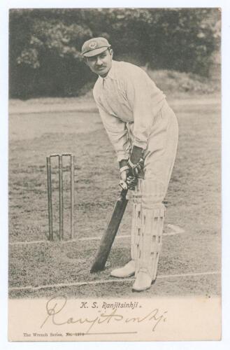 Kumar Sri Ranjitsinhji. Sussex & England 1895-1920. Early original mono real photograph postcard of Ranjitsinhji standing full length at the crease in batting pose. Nicely signed in black ink to the front lower border &lsquo;Ranjitsinhji&rsquo;. Wrench Series no. 137