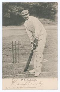 Kumar Sri Ranjitsinhji. Sussex & England 1895-1920. Early original mono real photograph postcard of Ranjitsinhji standing full length at the crease in batting pose. Nicely signed in black ink to the front lower border &lsquo;Ranjitsinhji&rsquo;. Wrench Series no. 137
