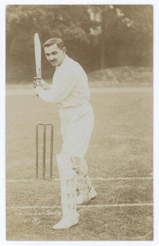 Kumar Shri Ranjitsinhji. Cambridge University, Sussex, London County & England 1893-1920. Early sepia real photograph postcard of Ranji standing full length in batting pose at the wicket. Printed title &lsquo;H.H. The Jam Sahib&rsquo; with diamond &lsquo;F&rsquo; logo for Foster