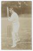 Kumar Shri Ranjitsinhji. Cambridge University, Sussex, London County & England 1893-1920. Early sepia real photograph postcard of Ranji standing full length in batting pose at the wicket. Printed title &lsquo;H.H. The Jam Sahib&rsquo; with diamond &lsquo;F&rsquo; logo for Foster