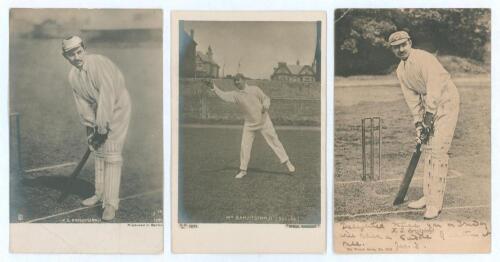 Kumar Shri Ranjitsinhji. Cambridge University, Sussex, London County & England 1893-1920. Three early sepia postcards of Ranji. Two are mono real photographs, one of Ranji in batting pose at the wicket, Rotophot/ Thiele series no. 7257, crease to one corn