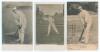 Kumar Shri Ranjitsinhji. Cambridge University, Sussex, London County & England 1893-1920. Three early sepia postcards of Ranji. Two are mono real photographs, one of Ranji in batting pose at the wicket, Rotophot/ Thiele series no. 7257, crease to one corn