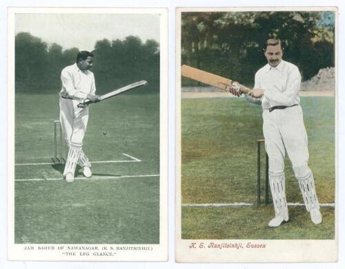 Kumar Shri Ranjitsinhji. Cambridge University, Sussex, London County & England, 1893-1920. &lsquo;Jam Saheb of Nawanagar, (K.S. Ranjitsinhji.) The Leg Glance&rsquo;. Mono postcard on printed green background from an original photograph by G.W. Beldam of Ranjitsinhji,