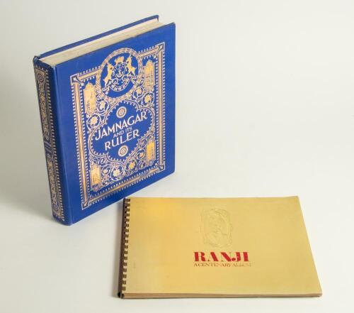 Ranjitsinhji. &lsquo;Ranji. A Centenary Album&rsquo;. Vasant Raiji. Bombay 1972. Original decorative gold stiffened board wrappers. Minor creasing to board extremities otherwise in good condition. Sold with &lsquo;Jamnagar. A Sketch of its Ruler and its Administration&rsquo;, nu