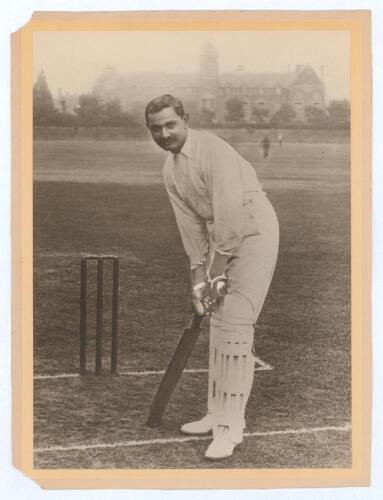 Kumar Shri Ranjitsinhji. Cambridge University, Sussex, London County & England, 1893-1920. Large original sepia photograph of Ranji at the wicket in batting pose looking directly at the camera. The photograph measures 7.75&rdquo;x10.75&rdquo;, laid to photographer&rsquo;s 
