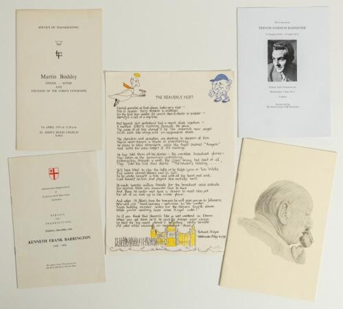 Cricket and actors orders of service 1976-2011. Four orders of service for Ken Barrington, Southwark Cathedral 1981, Brian Johnston, Westminster Abbey 1994 (with accompanying printed poem eulogy by Richard Stilgoe), and two actors, Martin Boddy, founder o