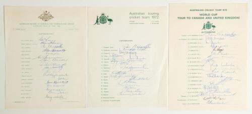 Australian tours to England 1968-1975. Three official Australian autograph sheets for the tours to England in 1968, 1972 and the World Cup 1975. Signatures include Lawry, I. Chappell, Cowper, Hawke, Inverarity, Mallett, Renneberg, Redpath, Walters, Stackp