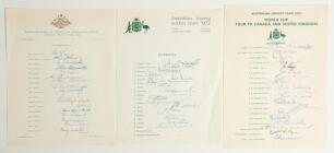 Australian tours to England 1968-1975. Three official Australian autograph sheets for the tours to England in 1968, 1972 and the World Cup 1975. Signatures include Lawry, I. Chappell, Cowper, Hawke, Inverarity, Mallett, Renneberg, Redpath, Walters, Stackp