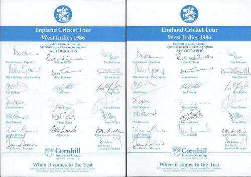 England tour to West Indies 1985/86. Two copies of official England autograph sheets for the tour to West Indies in 1986. Both sheets fully signed by all twenty one listed members of the touring party. Signatures include Gower (Captain), Gatting, Botham, 