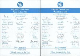 England tour to West Indies 1985/86. Two copies of official England autograph sheets for the tour to West Indies in 1986. Both sheets fully signed by all twenty one listed members of the touring party. Signatures include Gower (Captain), Gatting, Botham, 