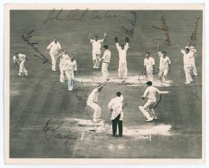 England v Australia, 5th Test, The Oval 1968. Three different original mono press photographs of the closing moments of the deciding 5th Ashes Test at the Oval, all with the England players fielding in close with Derek Underwood bowling. Two depict differ