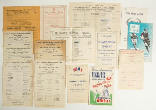 Rugby Union and League programmes 1940s-1960s. Thirty official match programmes from the collection of Alan Curtis, English actor and Lord&rsquo;s cricket announcer. Includes one Rugby League programme for Wakefield Trinity v Wigan, Challenge Cup Final, Wembley