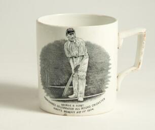 &lsquo;George Hirst Benefit Match 1904&rsquo;. George Herbert Hirst. Yorkshire & England 1891-1929 and Wilfred Rhodes. Yorkshire & England 1898-1930. Unusual Wood & Hulme of Burslem commemorative mug featuring both players. To front, &lsquo;George H. Hirst, Yorkshire&rsquo;s Cel