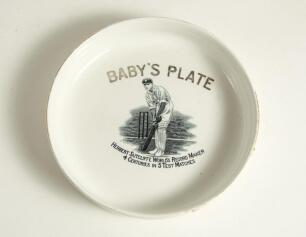 Herbert Sutcliffe, Yorkshire & England 1919-1945. Circular commemorative transfer printed &lsquo;Baby&rsquo;s Plate&rsquo; for &lsquo;Herbert Sutcliffe World&rsquo;s Record Maker, 4 Centuries in 5 Test Matches&rsquo; with vignette of Sutcliffe in batting pose. With &lsquo;England and Australia Te