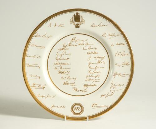 The Ashes&rsquo; England v Australia 1953. Magnificent Royal Worcester bone china plate produced by the factory to commemorate the Ashes series in England 1953. The plate bears the printed signatures in gold of the England and the Australian touring teams plus 