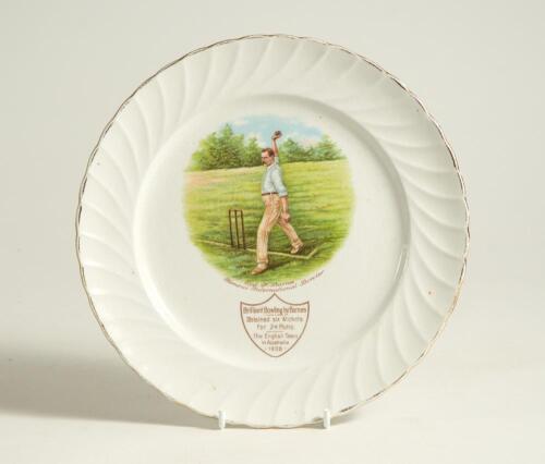 Sydney Francis Barnes, Warwickshire, Lancashire, Staffordshire, England & Wales 1894-1930. A commemorative side plate with colour transfer printed vignette of Barnes stood at the wicket in bowling pose to centre, with inscription &lsquo;Syd. F. Barnes-Famous In