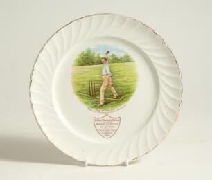 Sydney Francis Barnes, Warwickshire, Lancashire, Staffordshire, England & Wales 1894-1930. A commemorative side plate with colour transfer printed vignette of Barnes stood at the wicket in bowling pose to centre, with inscription &lsquo;Syd. F. Barnes-Famous In