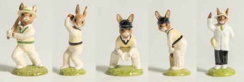 Royal Doulton &lsquo;Bunnykins&rsquo; cricketing figures. Selection of five, &lsquo;Out for a Duck&rsquo;, &lsquo;Bowler&rsquo;, &lsquo;Wicket-keeper&rsquo;, &lsquo;Batsman&rsquo; and &lsquo;Umpire Bunnykins&rsquo;. All Limited edition figure. All round 4.25&rsquo; tall. Very good condition