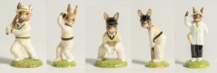 Royal Doulton &lsquo;Bunnykins&rsquo; cricketing figures. Selection of five, &lsquo;Out for a Duck&rsquo;, &lsquo;Bowler&rsquo;, &lsquo;Wicket-keeper&rsquo;, &lsquo;Batsman&rsquo; and &lsquo;Umpire Bunnykins&rsquo;. All Limited edition figure. All round 4.25&rsquo; tall. Very good condition