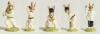 Royal Doulton &lsquo;Bunnykins&rsquo; cricketing figures. Selection of five, &lsquo;Out for a Duck&rsquo;, &lsquo;Bowler&rsquo;, &lsquo;Wicket-keeper&rsquo;, &lsquo;Batsman&rsquo; and &lsquo;Umpire Bunnykins&rsquo;. All Limited edition figure. All round 4.25&rsquo; tall. Very good condition