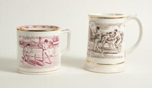 Taunton Cider. Large Wade cider mug decorated with cricket scenes to front and back in red. Produced in 1993 in a limited edition of 500. Reproduced from a 19th century original in the Taunton Cider collection. Sold with a Franklin porcelain ceramic tanka
