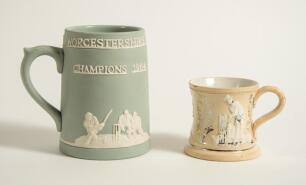 Cricket mugs/tankards. Small Staffordshire 3&rdquo; waisted cricket mug with strap handle and beaded rim, with cream background and three raised figures in white of a batsman, bowler and wicket keeper, believed to be Lillywhite, Pilch and Box. c1870. Silver lus