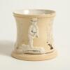 Cricket mugs/tankards. Small Staffordshire 3&rdquo; waisted cricket mug with strap handle and beaded rim, with cream background and three raised figures in white of a batsman, bowler and wicket keeper, believed to be Lillywhite, Pilch and Box. c1870. Silver lus - 2