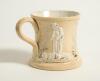 Cricket mugs/tankards. Small Staffordshire 3&rdquo; waisted cricket mug with strap handle and beaded rim, with cream background and three raised figures in white of a batsman, bowler and wicket keeper, believed to be Lillywhite, Pilch and Box. c1870. Silver lus - 3