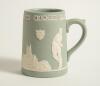 Cricket mugs/tankards. Small Staffordshire 3&rdquo; waisted cricket mug with strap handle and beaded rim, with cream background and three raised figures in white of a batsman, bowler and wicket keeper, believed to be Lillywhite, Pilch and Box. c1870. Silver lus - 4