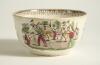 Village cricket bowl. Staffordshire 19th century bowl, transfer printed in black with three scenes of village cricket, with church and tents to background, floral and oak leaf inner rim decoration. Hand coloured in green, burgundy, and yellow. Approximat - 3
