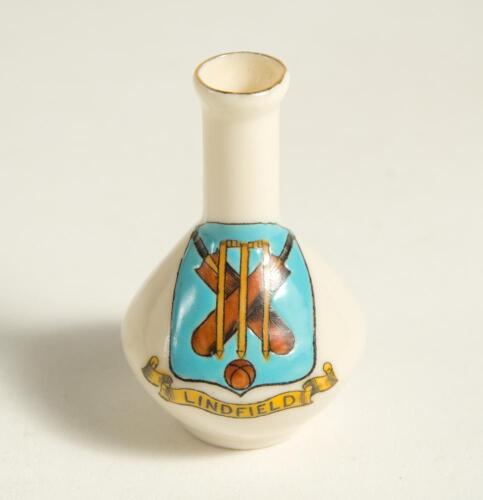 Lindfield&rsquo;. Small &lsquo;Arcadian china&rsquo; souvenir ewer with cricket crest of Lindfield. 2.5&rdquo; tall. Lustre to rim. G