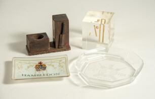 Cricket ceramics etc. Selection, a &lsquo;Hambledon Vineyard&rsquo; trinket tray with the coat of Arms and familiar bats and stumps to centre, 5&rdquo;x3.75&rdquo;, a M.C.C. Bicentenary ashtray with crossed bats, an image of Thomas Lord and 1787-1987, a wooden match older/strike