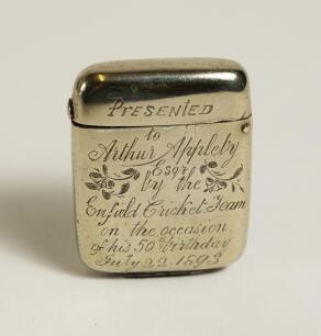 Arthur Appleby. Lancashire 1866-1887. An attractive silver plated vesta case presented to Appleby by the Enfield Cricket Club in 1893. The oblong case with inscription to side &lsquo;Presented to Arthur Appleby Esq by the Enfield Cricket Club on the occasion of