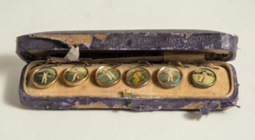 Victorian cricket buttons c.1890s. Excellent set of six Victorian brass cricket shirt buttons each with enamel image of a cricketer. One of the buttons appears to depict Lord Hawke in batting pose, the others of bowlers, fielders and a wicket-keeper. In t