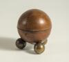 Cricket ball inkwell. Leather cricket ball ink well, well made with seam and stitched quarters. The ball, mounted on three ball feet, is split and hinged and opens to reveal a silver metal liner with an original glass ink well. Approximately 2.75&rdquo; circumf - 3