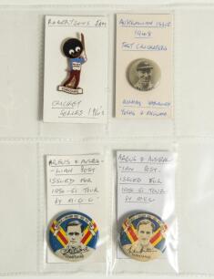 Yorkshire cricket pin badges 1940s-1980s. Robertson&rsquo;s Golden Shred golly pin badge titled &lsquo;Yorkshire&rsquo; c.1950s. 1948 Australian issue of Test Cricketers badge of Norman Yardley. &lsquo;Australia v England 1950- 1951 Test Tour&rsquo;, two badges issued by The Argus & A